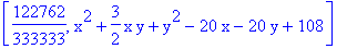 [122762/333333, x^2+3/2*x*y+y^2-20*x-20*y+108]